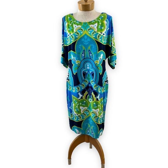 Clues Collections green & blue bold print dress size M - Picture 3 of 8